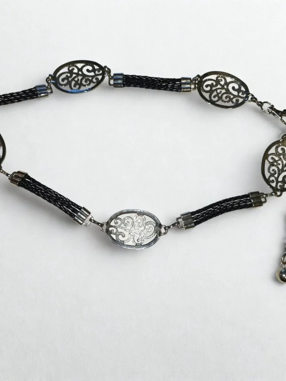 Women's Black Braided Chain Silver Filigree Medallion Boho Adjustable Belt, 31-3